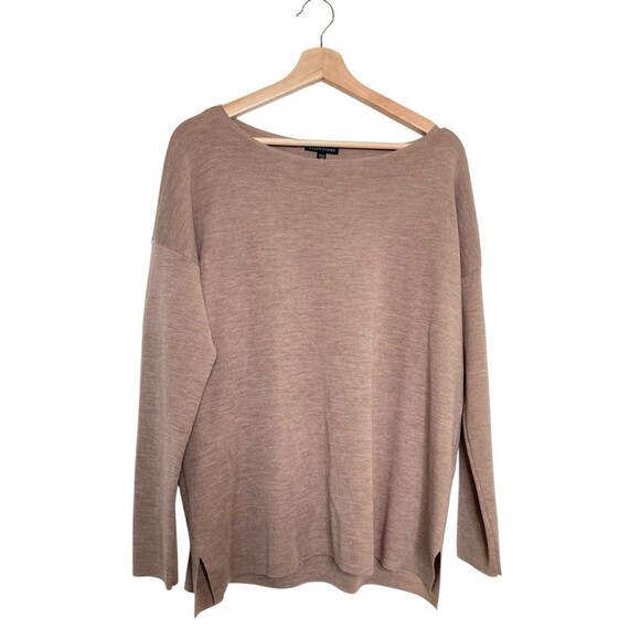 Eileen Fisher Superfine Merino Wool Side Slits Boat Neck Sweater Carmel Size M - Picture 1 of 11